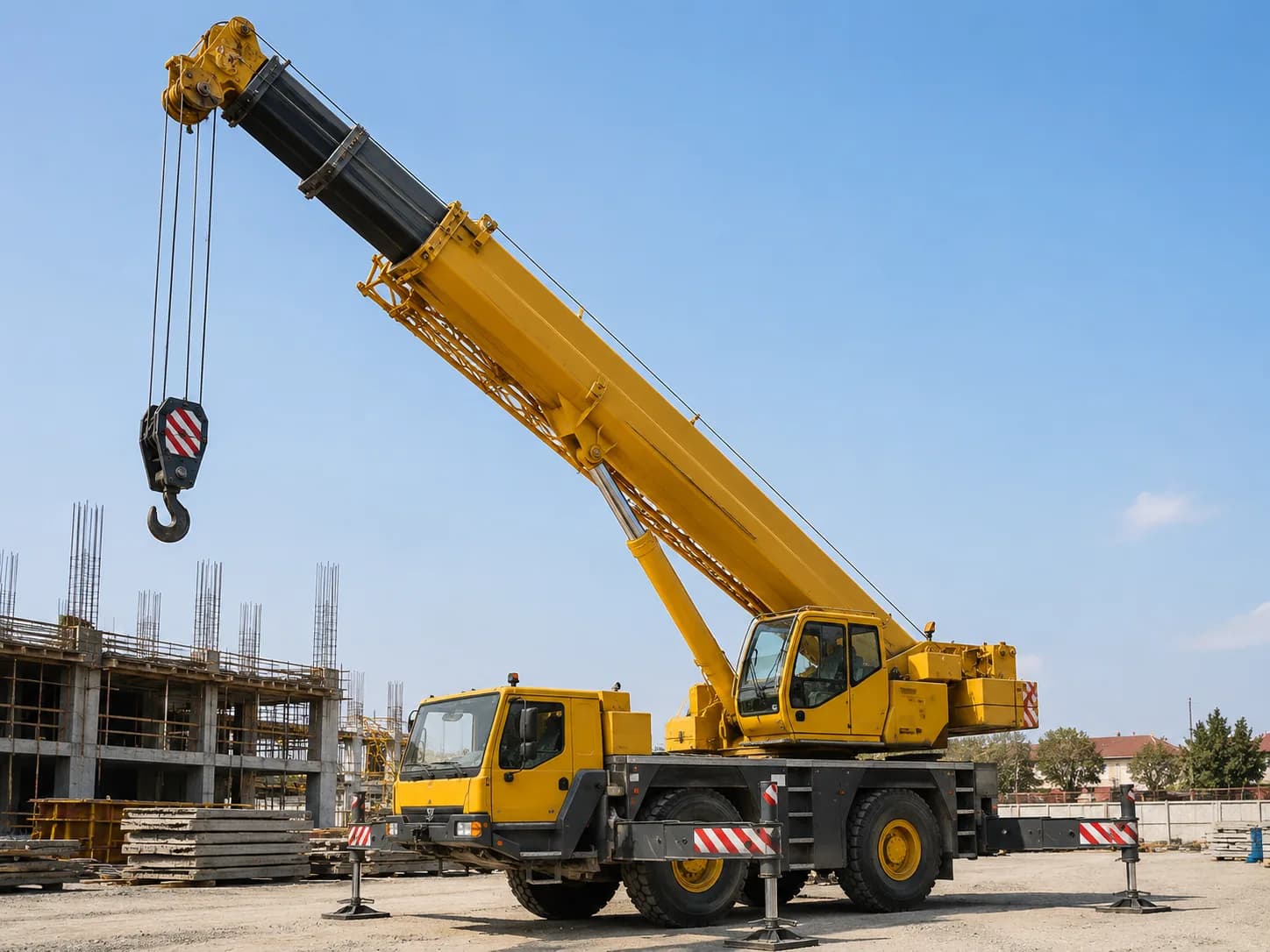 Mobil vinç şantiyede ağır yük kaldırırken