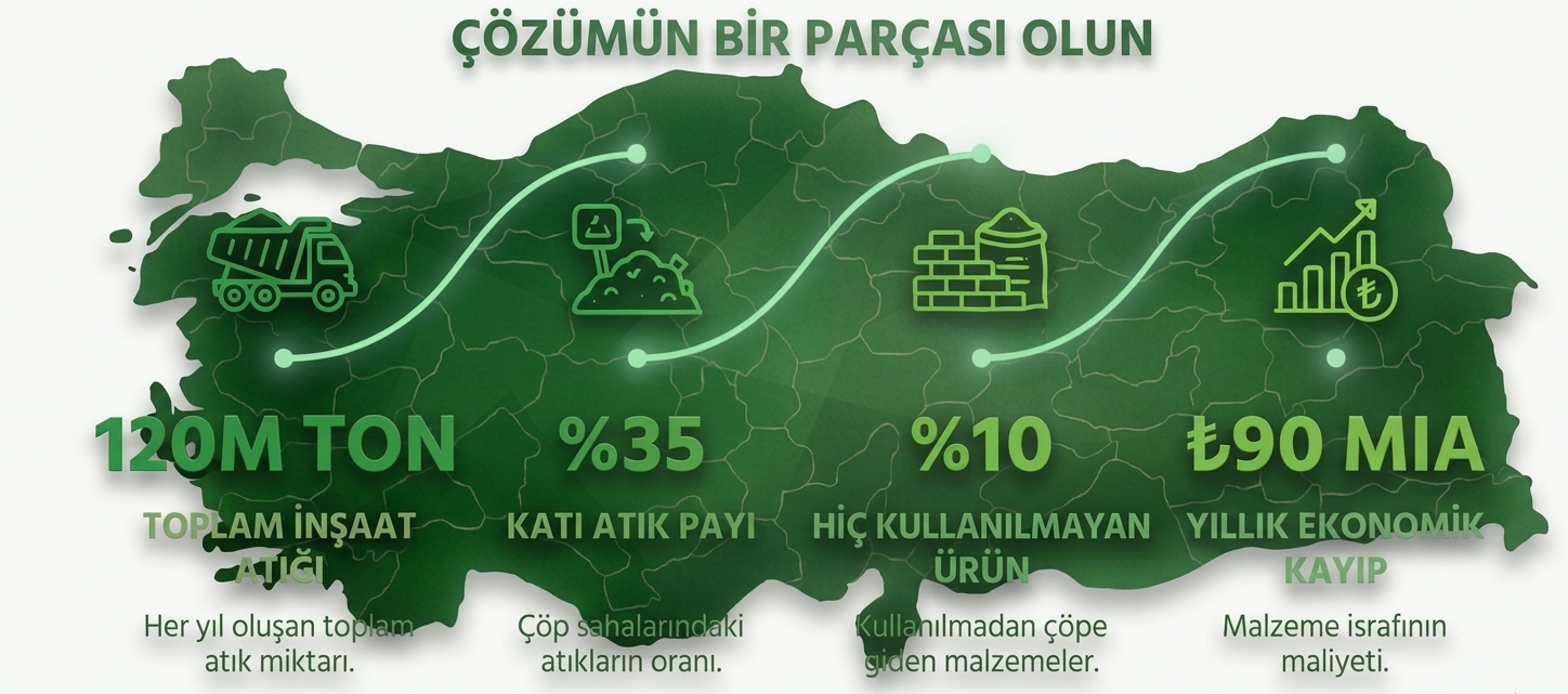 Türkiye'de yıllık inşaat atığı istatistikleri — 120M ton, %35 katı atık, %10 hiç kullanılmayan, ₺90 milyar kayıp